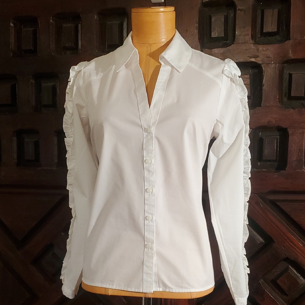 INC International Concepts White Button Down Shirt with Ruffle Detail